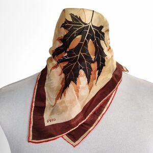 Vintage 50s Vera Neumann Autumn Fall Leaf Silk Scarf 16x17in Cream Brown Orange